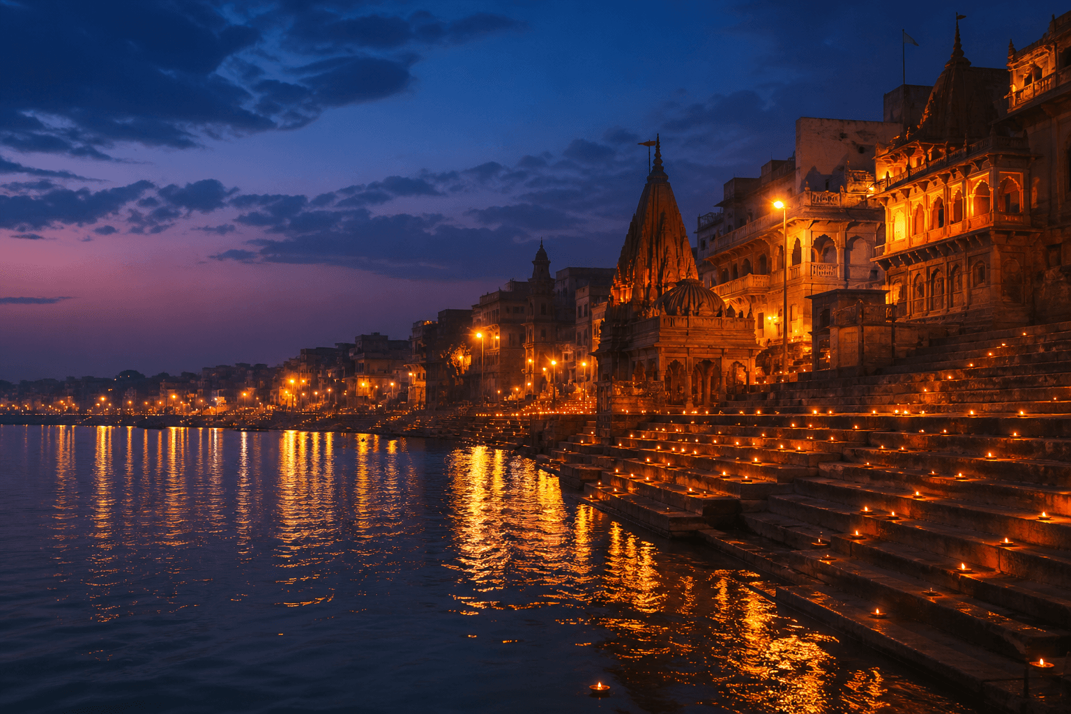 Oil lamps along the stone steps of Assi Ghat at dusk, Varanasi