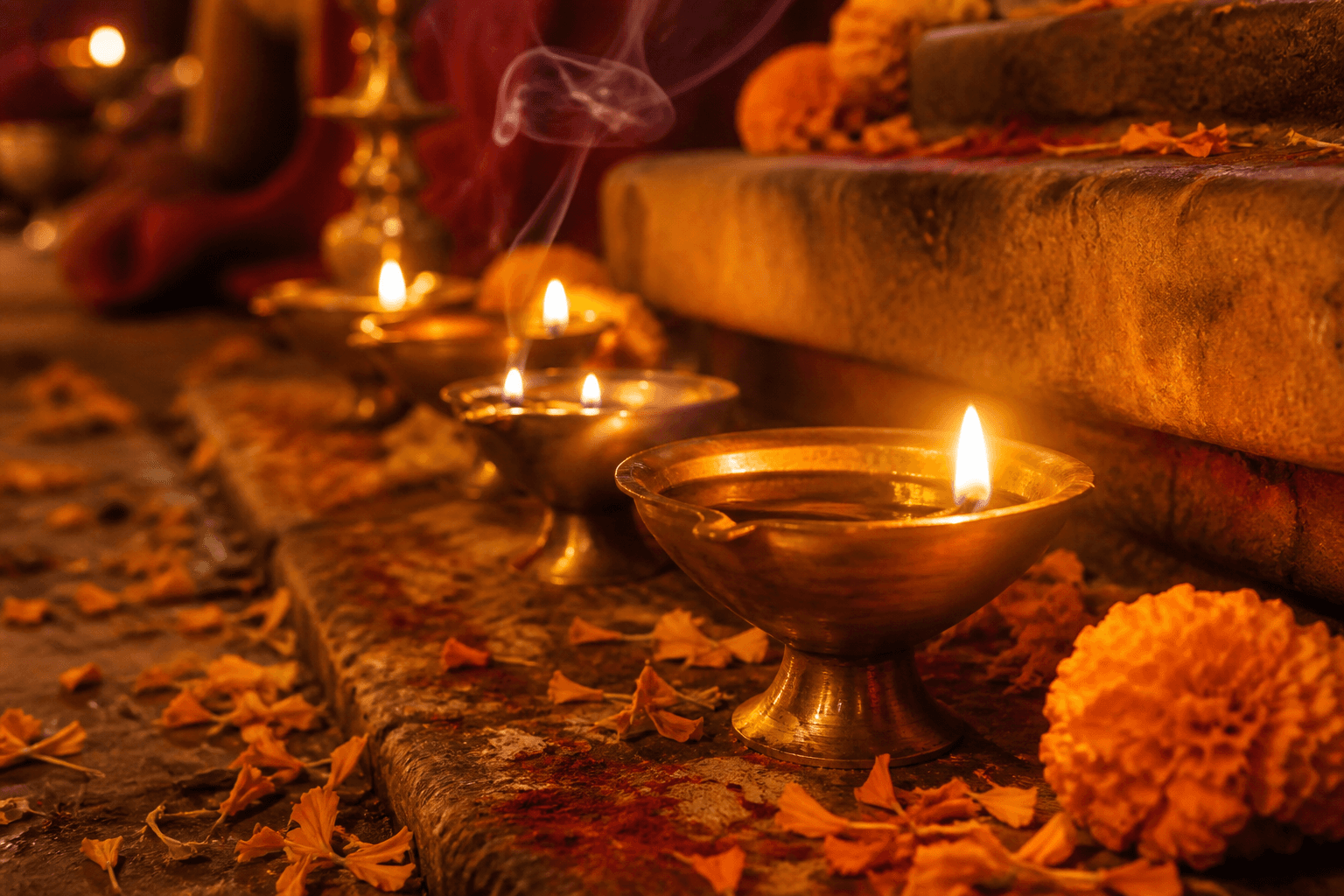 Brass diyas and marigold petals, the offering language of Kashi