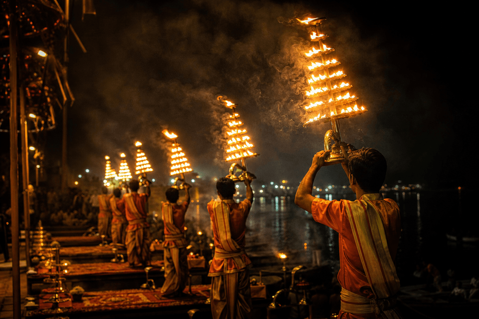 Priests raising tiered brass lamps during the evening Ganga aarti on a Varanasi ghat